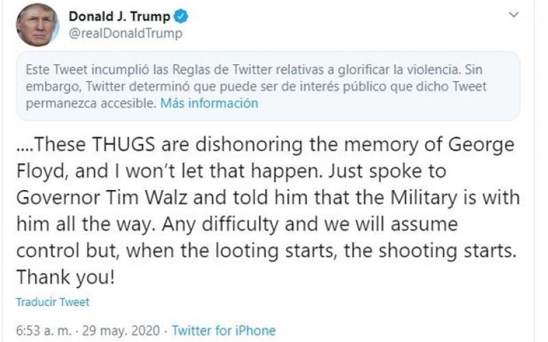 Twitter bloquea mensaje de Trump por “glorificar la violencia”