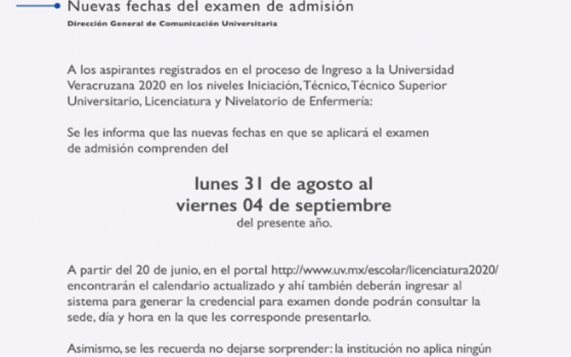 Aquí las nuevas fechas para examen de admisión de Universidad Veracruzana 