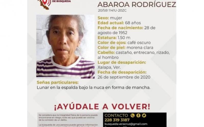 La Comisión Estatal de Búsqueda de Veracruz activó la ficha de localización de Rufina Abaroa Rodríguez de 68 años