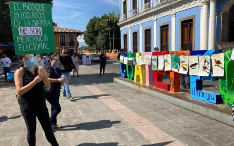 Fachada del Palacio Municipal de Coatepec con pancartas, protestas en defensa de área natural