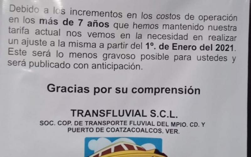 La Sociedad "Cooperativa de Transporte Fluvial" a partir del 1 de enero de 2021 incrementará el pasaje de las lanchas particulares