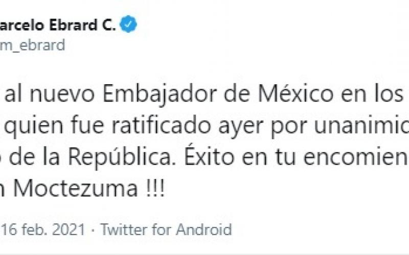 El canciller le deseó éxito en su nuevo encargo, donde se esperan importantes retos en la relación bilateral a partir de la llegada a la presidencia de ese país del demócrata Joe Biden.