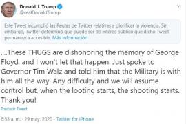 Twitter bloquea mensaje de Trump por “glorificar la violencia”