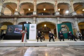 Andrés Manuel López Obrador, Presidente de México en conferencia de prensa en Palacio de Gobierno de Oaxaca. el 14 de febrero de 2021.